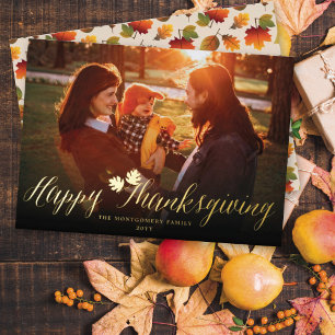 Happy Thanksgiving Fall Leaves Simple Script Photo Foil Holiday Card