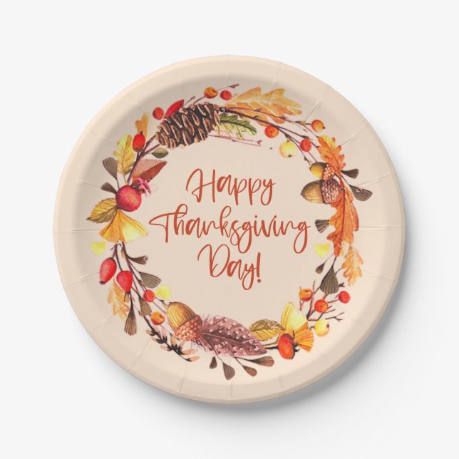Happy Thanksgiving Fall Leaves Wreath Party Decor Paper Plates (Front)