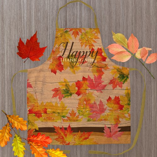Happy Thanksgiving Fall Maple Leaves On Barn Wood Apron