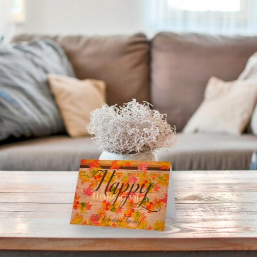 Happy Thanksgiving Fall Maple Leaves On Barn Wood Card