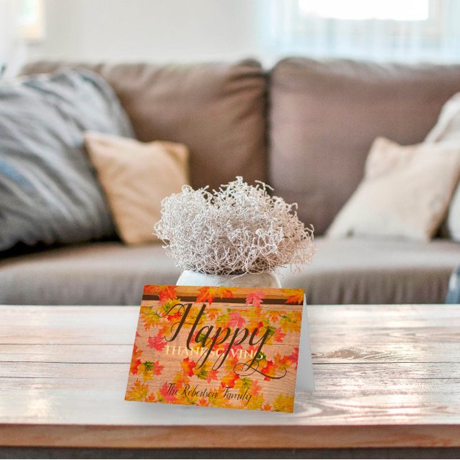 Happy Thanksgiving Fall Maple Leaves On Barn Wood Card (Creator Uploaded)