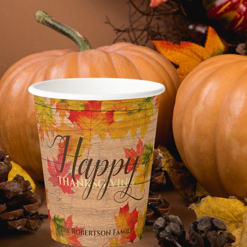 Happy Thanksgiving Fall Maple Leaves On Barn Wood Paper Cups