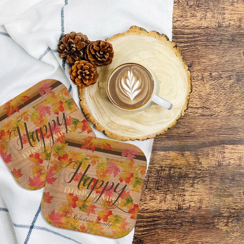 Happy Thanksgiving Fall Maple Leaves On Barn Wood Paper Plates