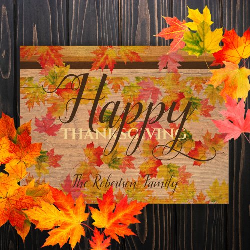 Happy Thanksgiving Fall Maple Leaves On Barn Wood Postcard