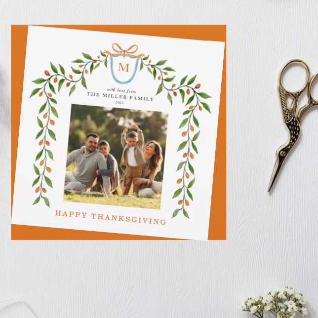 Happy Thanksgiving Fall Monogrammed Photo Greeting Card (Creator Uploaded)