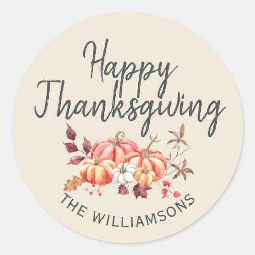 Happy Thanksgiving Fall Pumpkin Antique White Classic Round Sticker