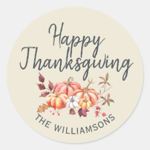 Happy Thanksgiving Fall Pumpkin Antique White Classic Round Sticker
