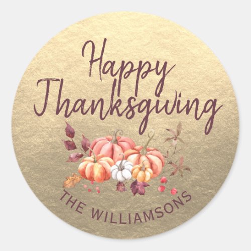 Happy Thanksgiving Fall Pumpkin Champagne Gold Classic Round Sticker