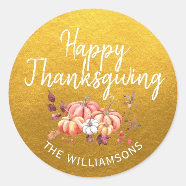 Happy Thanksgiving Fall Pumpkin Classic Gold Classic Round Sticker (Front)