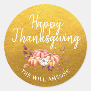 Happy Thanksgiving Fall Pumpkin Classic Gold Classic Round Sticker
