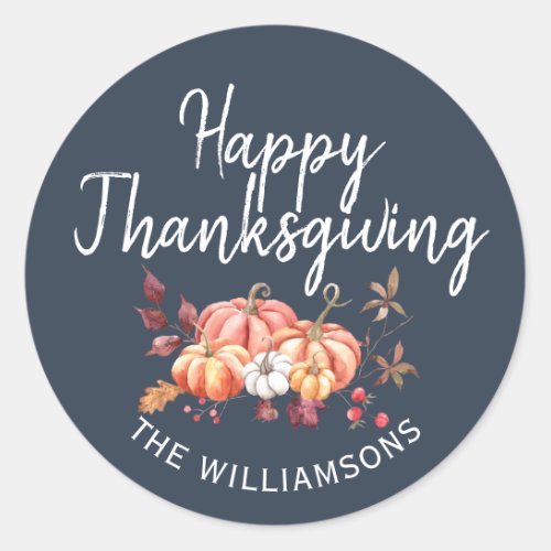 Happy Thanksgiving Fall Pumpkin Dark Blue Classic Round Sticker
