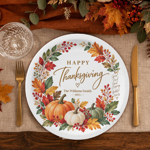 Happy Thanksgiving Fall Pumpkin Family Name Paper Plates