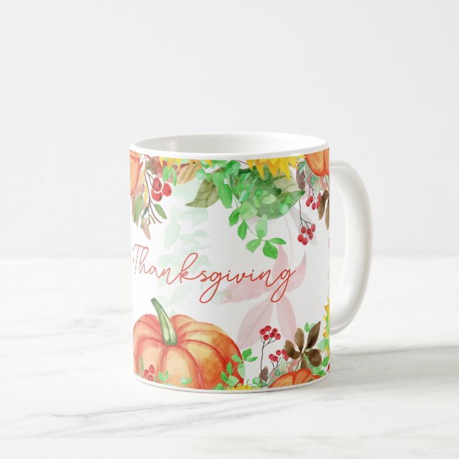 Happy Thanksgiving Fall Pumpkin Floral Coffee Mug (Front Right)