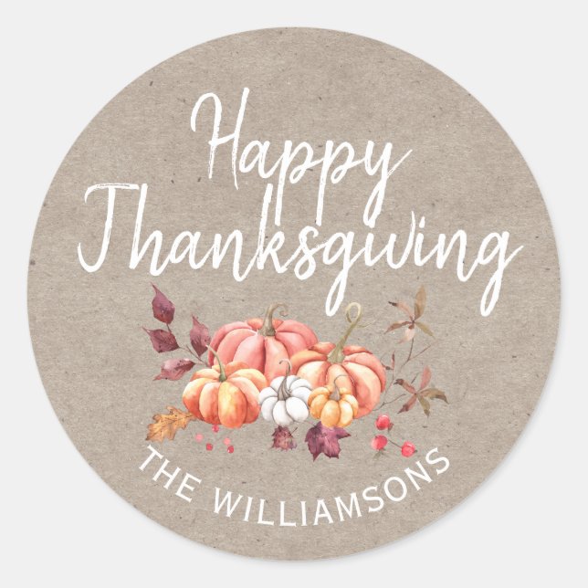 Happy Thanksgiving Fall Pumpkin Kraft Paper Classic Round Sticker (Front)
