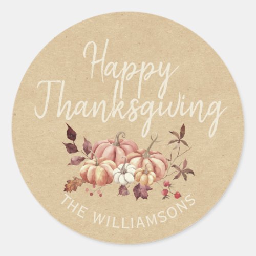 Happy Thanksgiving Fall Pumpkin Kraft Paper Classic Round Sticker