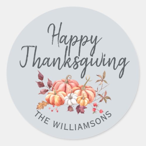 Happy Thanksgiving Fall Pumpkin Pastel Blue Classic Round Sticker