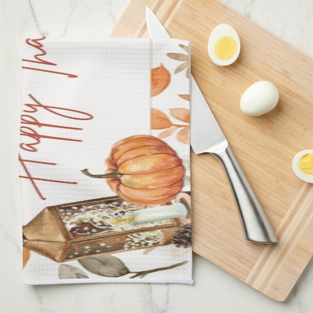 Happy Thanksgiving Fall Pumpkin & Turkey  Kitchen Towel (Quarter Fold)