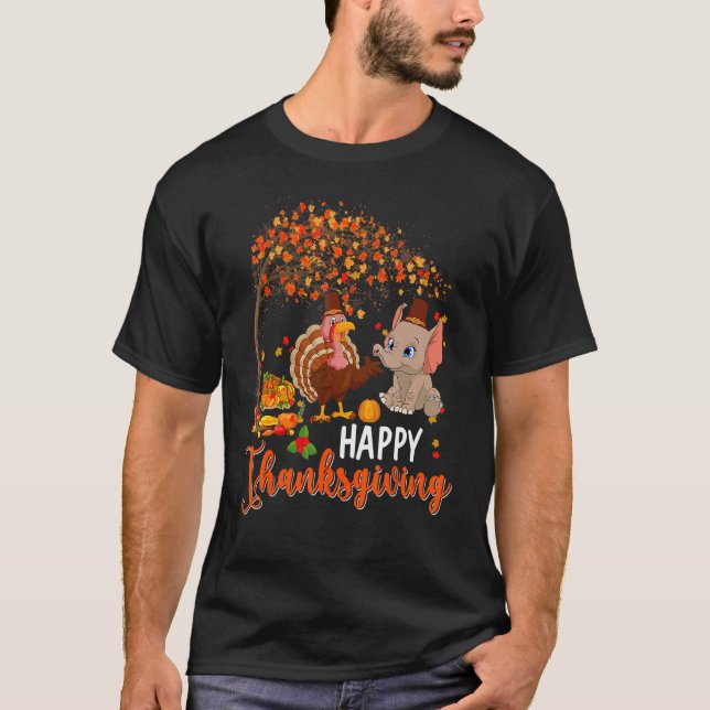 Happy Thanksgiving Fall Tree Turkey And Elephant W T-Shirt (Front)