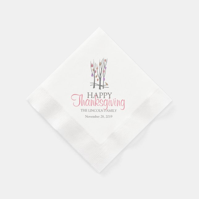 Happy thanksgiving fall trees pink grey napkins (Corner)