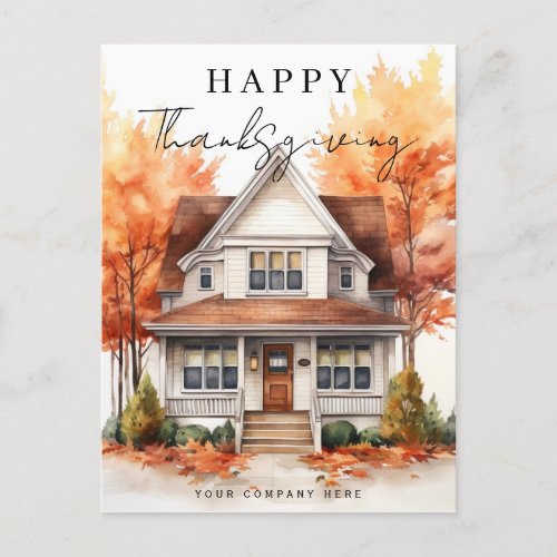 Happy Thanksgiving Fall Watercolor House Realty Holiday Postcard