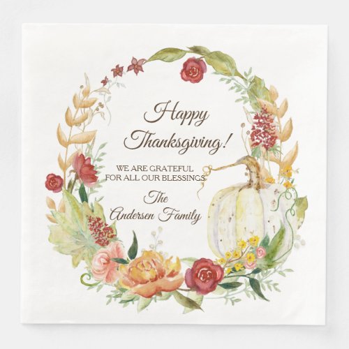 Happy Thanksgiving Fall White Pumpkin Floral Art Paper Dinner Napkins