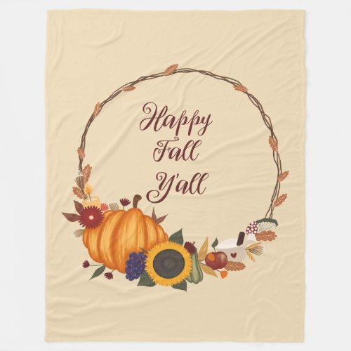 Happy Thanksgiving Fall Wreath Fleece Blanket