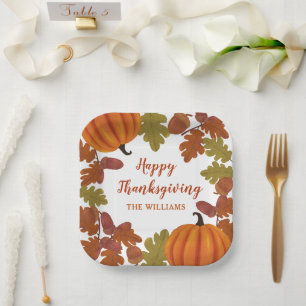 Happy Thanksgiving  Family Name Autumn  Paper Plates