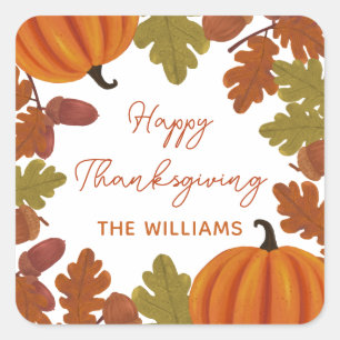Happy Thanksgiving Family Name Autumn Square Sticker