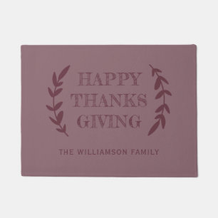 HAPPY THANKSGIVING Family Name Burgundy Doormat
