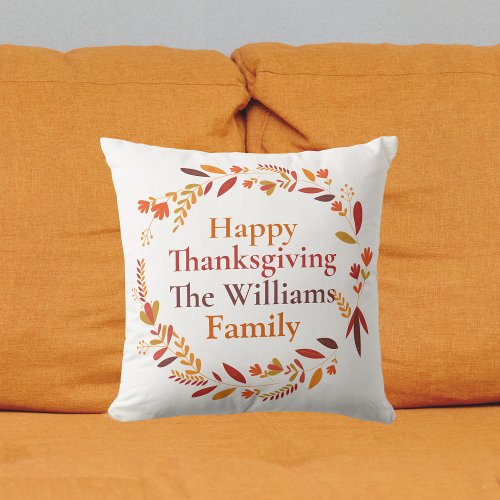 Happy Thanksgiving Family Name Custom Fall Wreath Throw Pillow