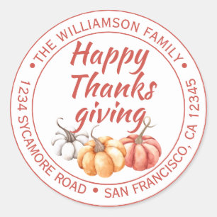 Happy Thanksgiving Family Name Return Address Classic Round Sticker
