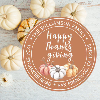 Happy Thanksgiving Family Name Return Address Classic Round Sticker by HappyDolphinStudio at Zazzle