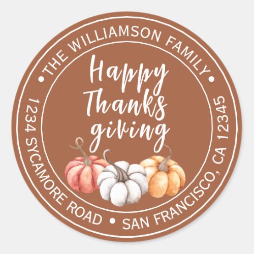 Happy Thanksgiving Family Name Return Address  Classic Round Sticker
