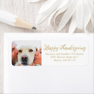 Happy Thanksgiving family photo script gold white Label