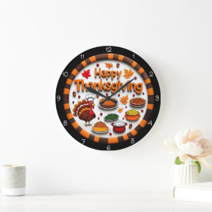 Happy Thanksgiving Feast Turkey Large Clock