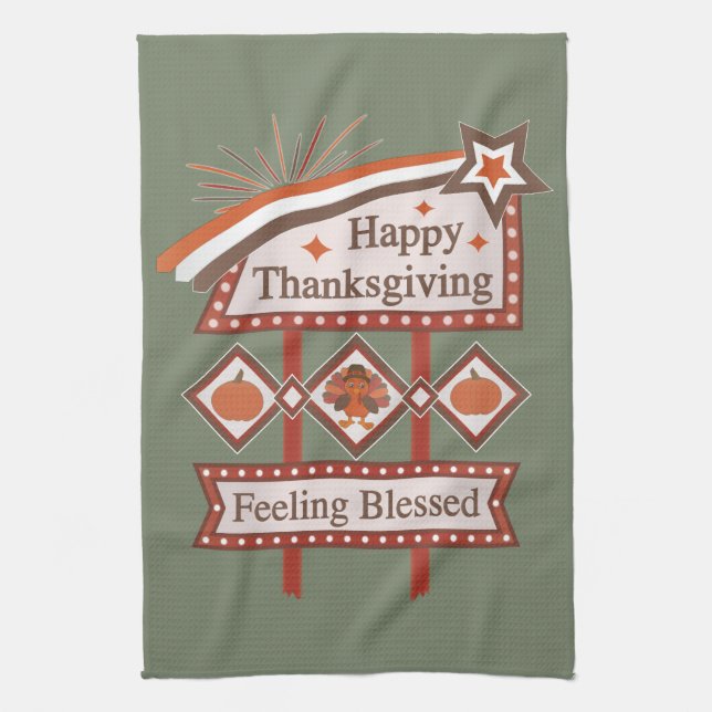 Happy Thanksgiving Feeling Blessed Retro Sign Kitchen Towel (Vertical)