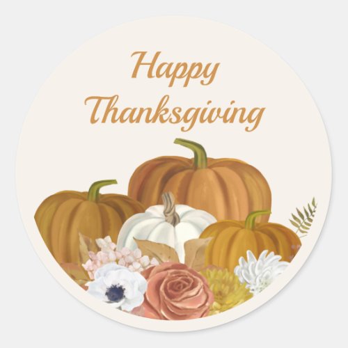 Happy Thanksgiving Floral Burgundy Orange Pumpkins Classic Round Sticker