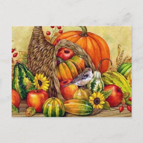 happy thanksgiving floral fruit arrangement holiday postcard