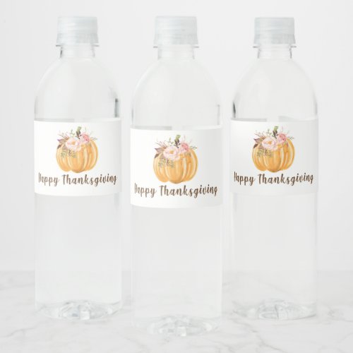 Happy Thanksgiving  Floral Pumpkin Water Bottle Label