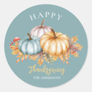 Happy Thanksgiving floral pumpkins blue Classic Round Sticker