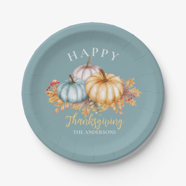 Happy Thanksgiving floral pumpkins blue Paper Plates (Front)