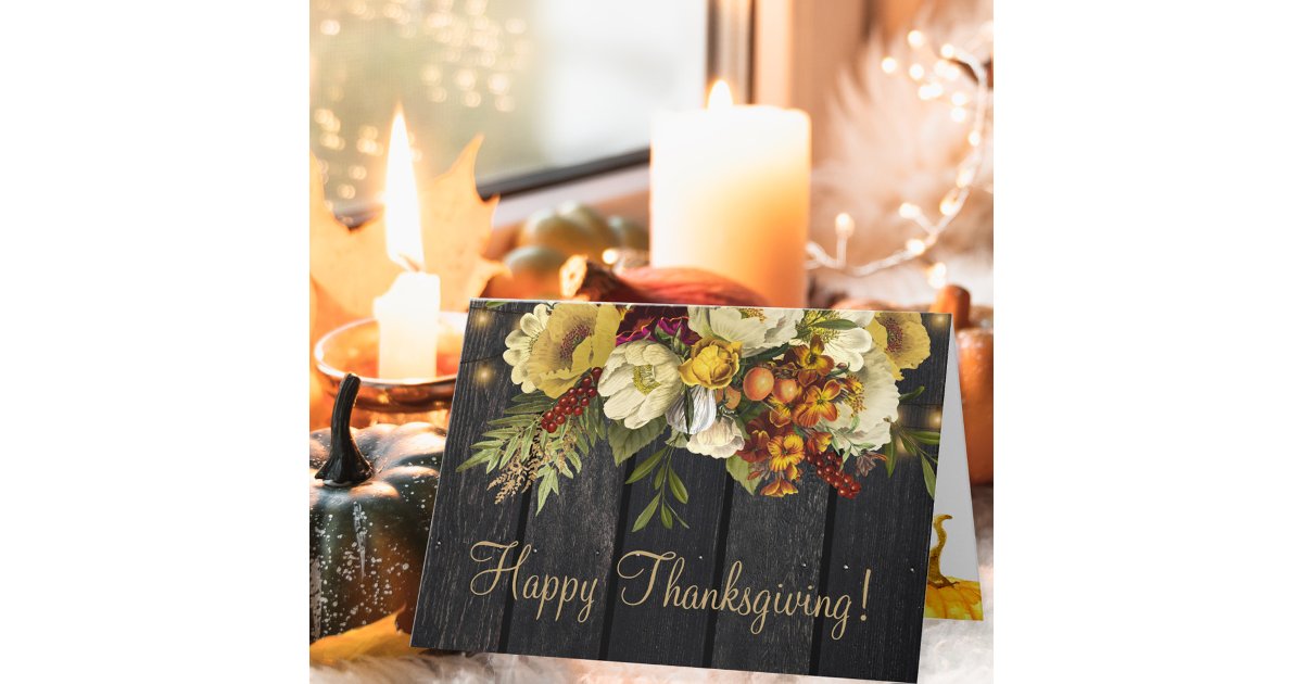 Happy Thanksgiving floral rustic wood Thanksgiving Holiday Card | Zazzle