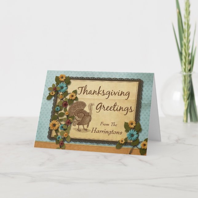 Happy Thanksgiving Floral Turkey Holiday Card (Front)
