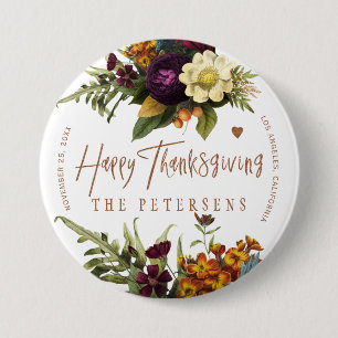Happy Thanksgiving floral typography family name Button