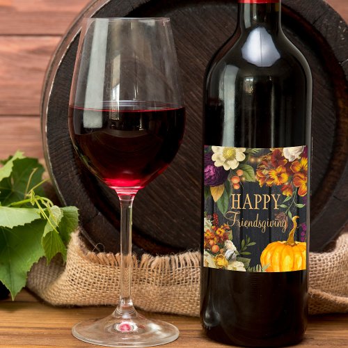 Happy Thanksgiving Friendsgiving fall floral Wine Label