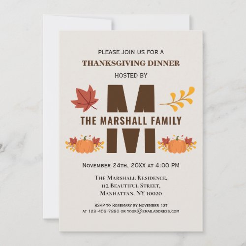 Happy Thanksgiving Friendsgiving Pumpkin Monogram Invitation