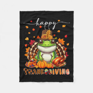 Happy Thanksgiving Frog Costume Turkey Fall Leaves Fleece Blanket