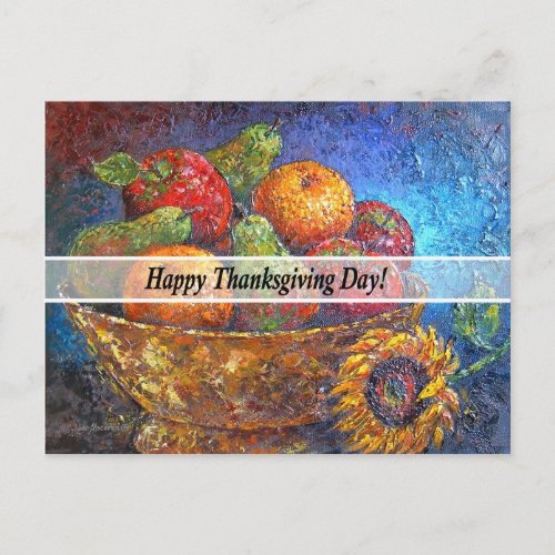 Happy Thanksgiving Fruit Bowl Sunflower Painting Holiday Postcard