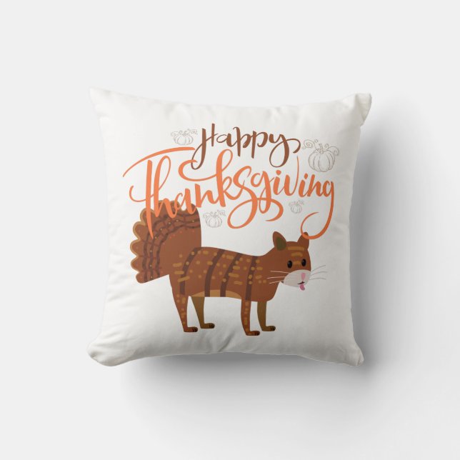 Happy Thanksgiving Funny Cat Turkey Throw Pillow (Front)