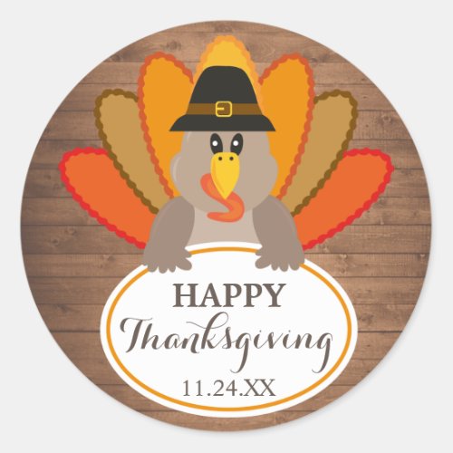 Happy Thanksgiving funny turkey rustic woodsticker Classic Round Sticker